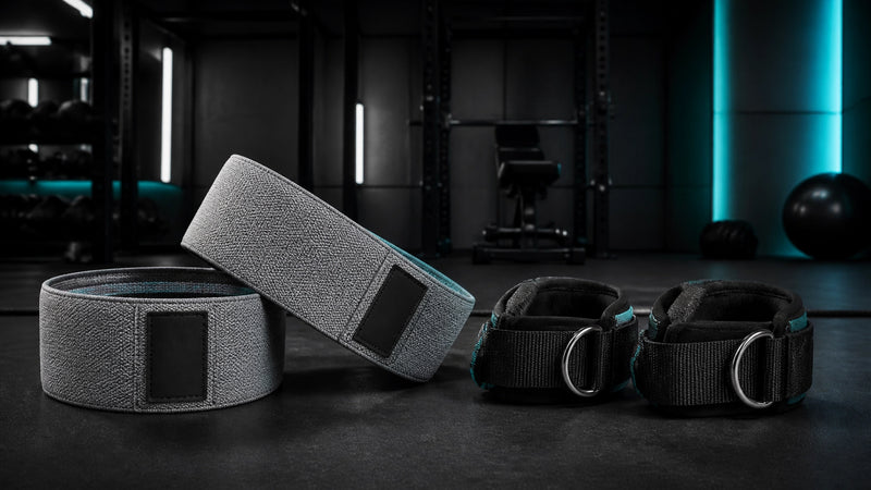 Premium grey fabric booty bands and black adjustable thigh straps with steel D-rings on a sleek gym floor