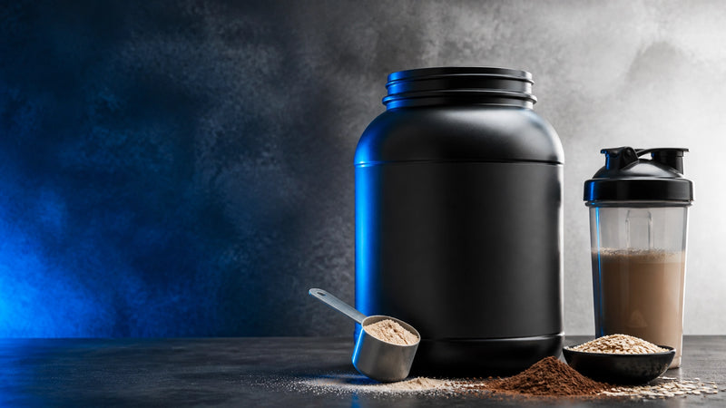 Unbranded mass gainer tub, shaker and scoop arranged in a clean studio setting