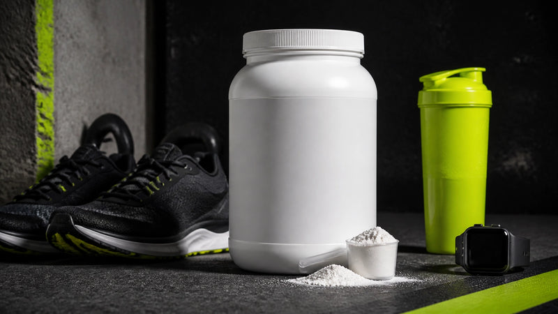 Unbranded sports nutrition powder beside running shoes and a smartwatch