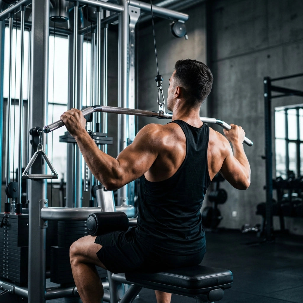 Athlete performing a controlled wide-grip lat pulldown