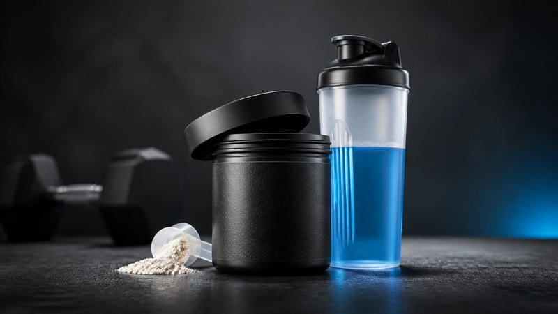 Pre-workout tub, shaker and gym equipment prepared for a beginner workout