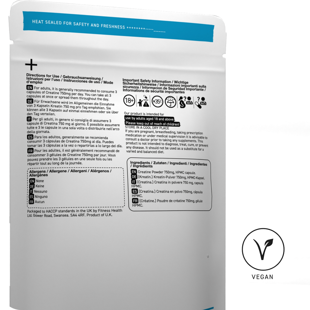 Creatine Monohydrate 750mg Capsules x 60 - Vegan - Rapid Strength